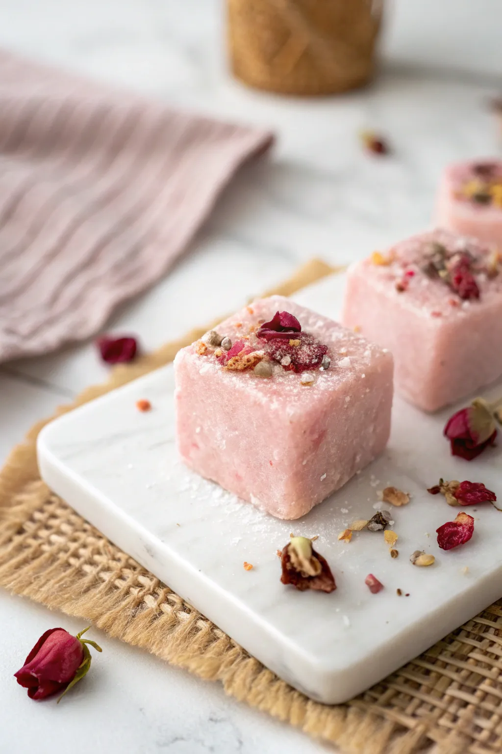 Indulge in luxury with handcrafted rose sugar scrub cubes, a perfect Mother's Day treat.