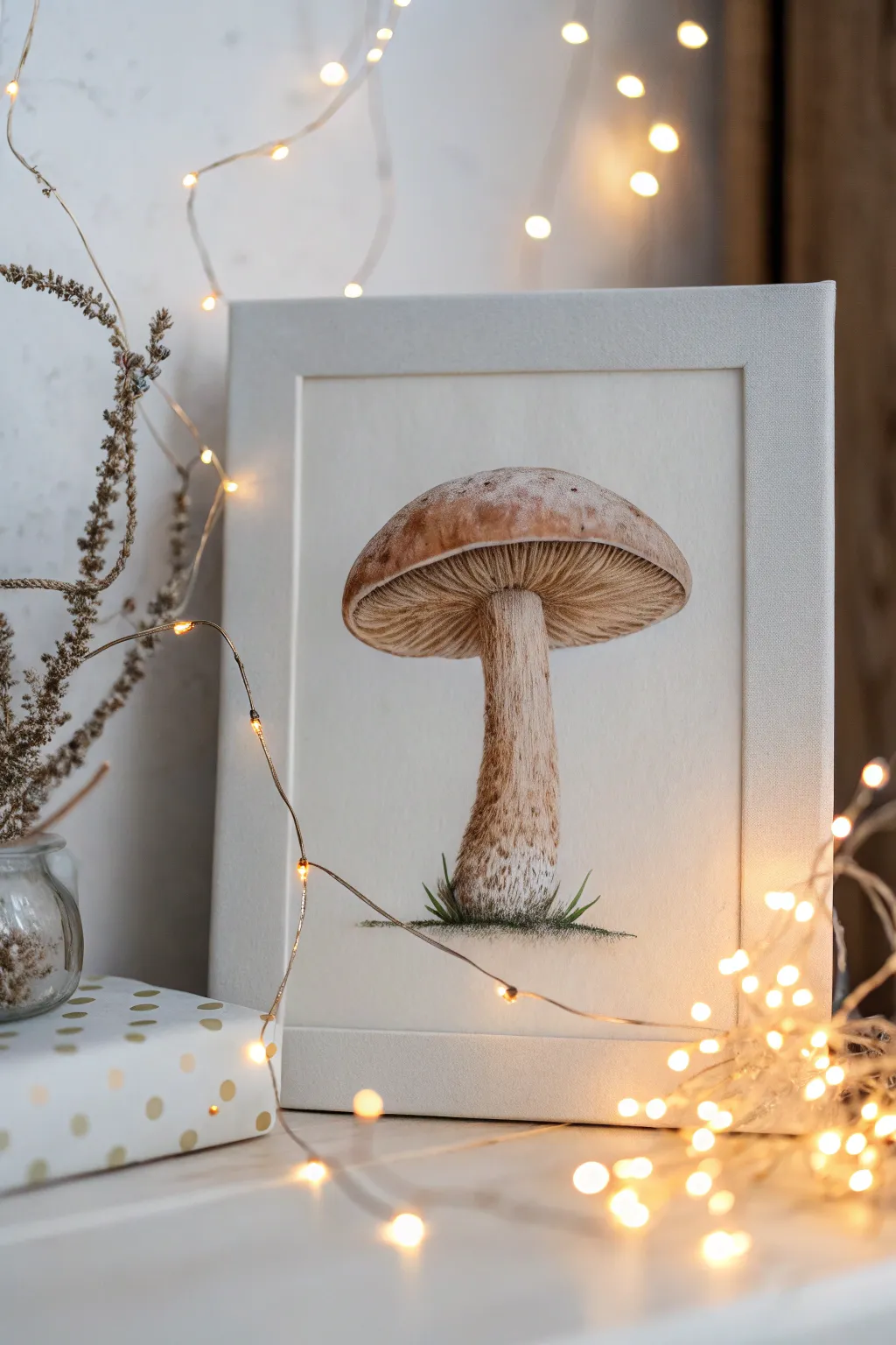 Enchant your space with a touch of magic: Mushrooms adorned with fairy lights.