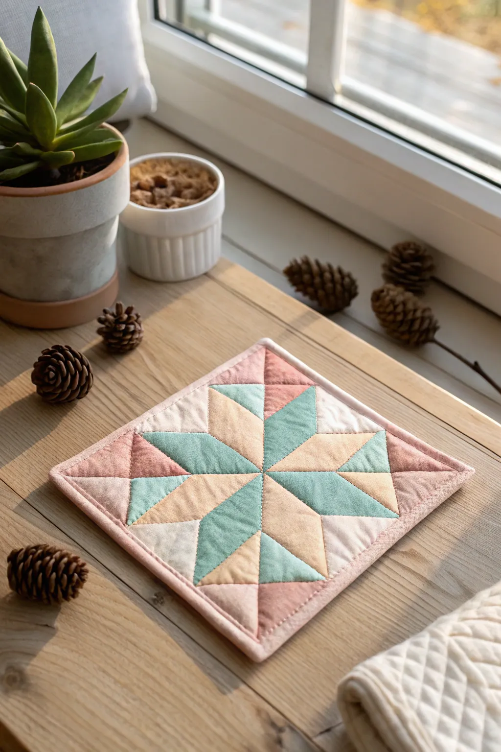 Add a pop of color and craftsmanship to your coffee table with these charming patchwork coasters.