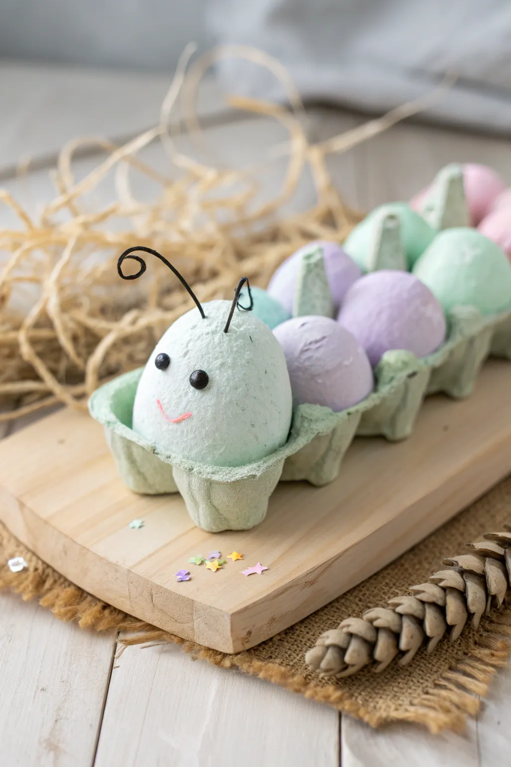 Crafted with love and simplicity: a charming egg carton caterpillar perfect for little hands and summer creativity.