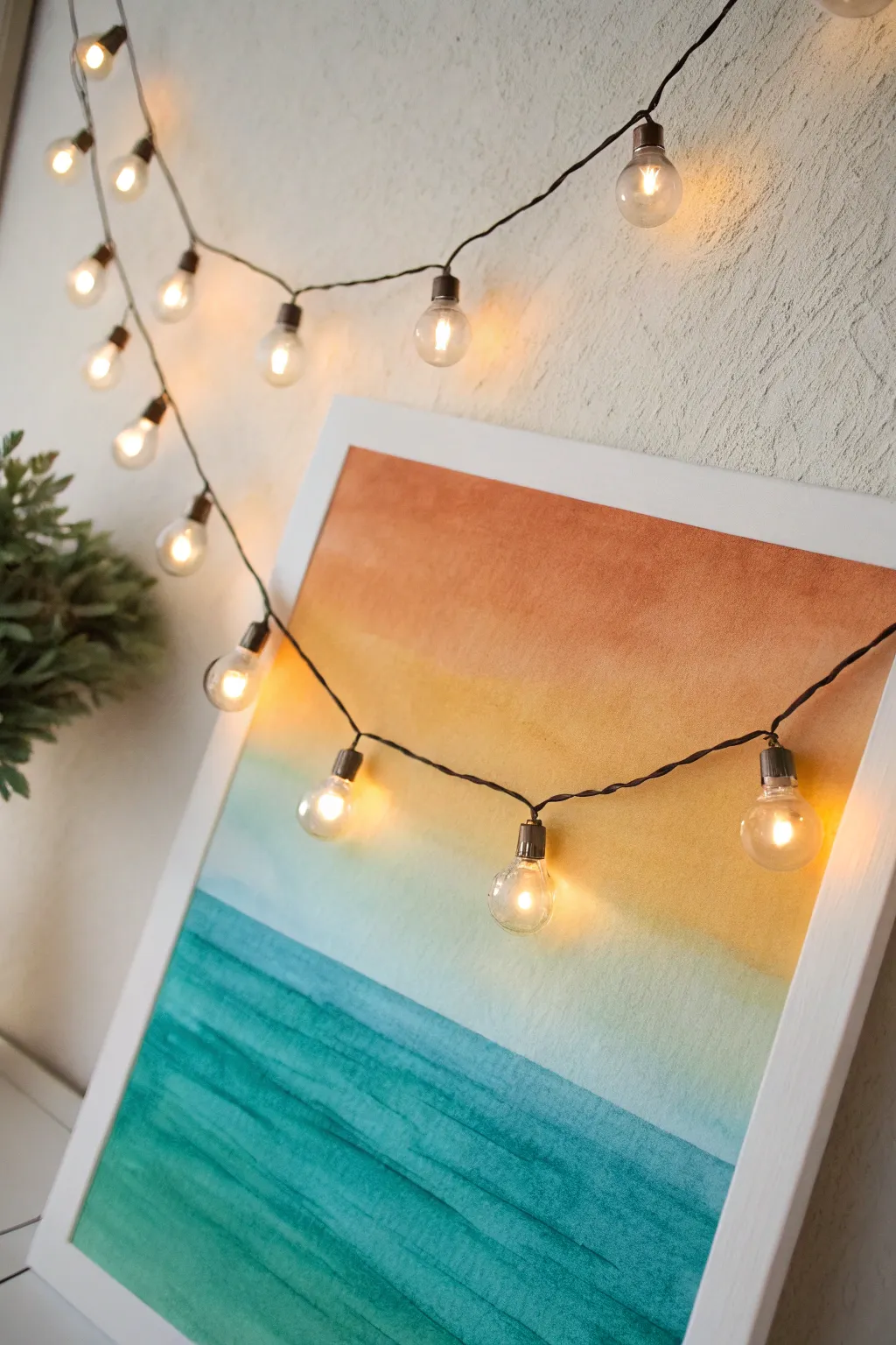 Illuminate your space with the cozy charm of watercolor string lights against a soothing gradient backdrop. Perfect for adding a festive touch to your decor!