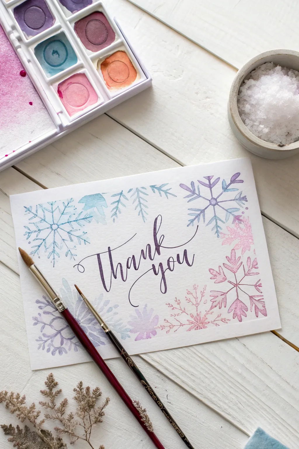 Create enchanting thank you cards with the magic of salt and watercolor. Embrace simplicity and natural beauty in every stroke.
