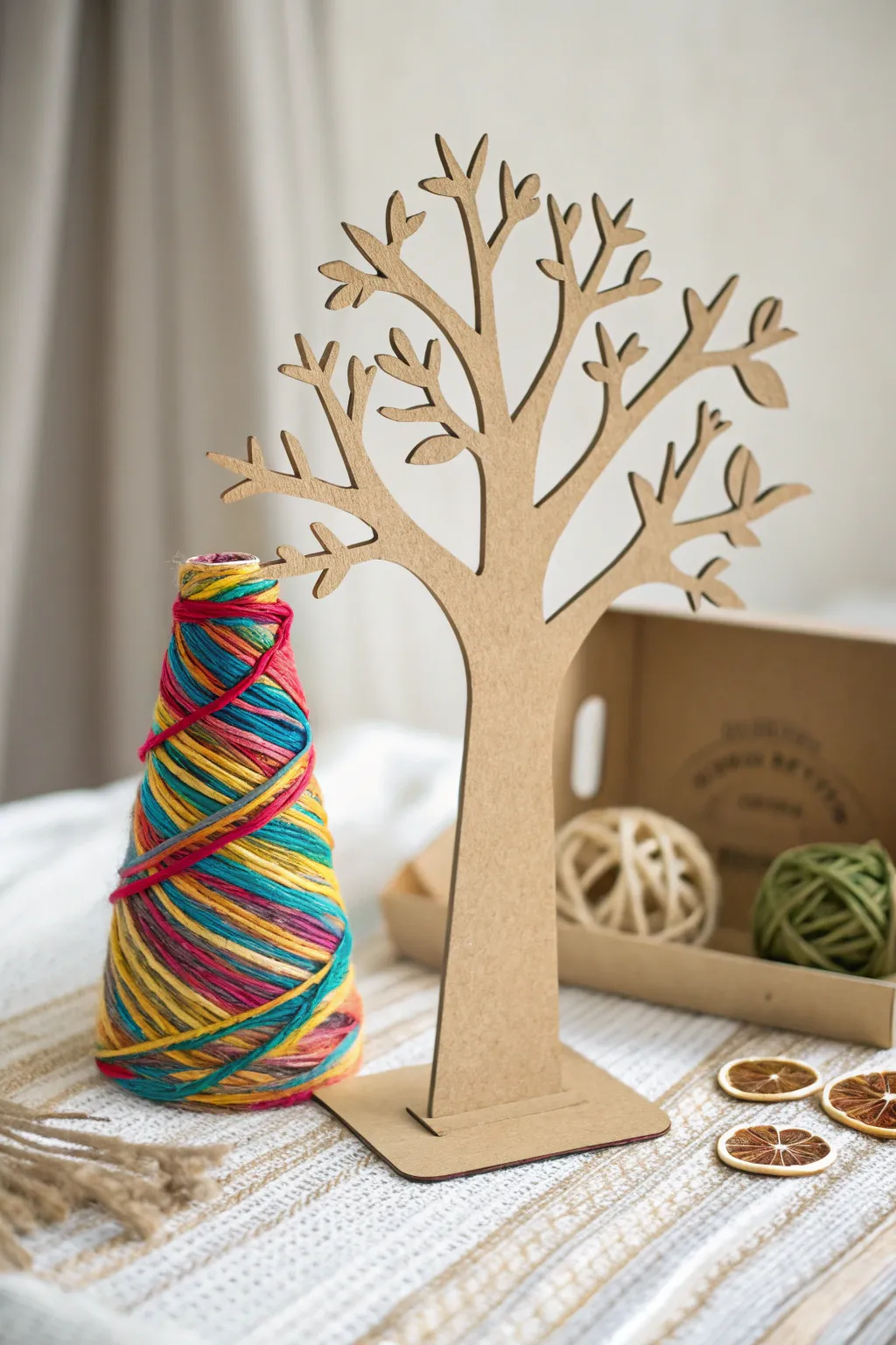 Add a splash of color to your winter days with this charming yarn-wrapped tree craft, perfect for a cozy, minimalist decor.