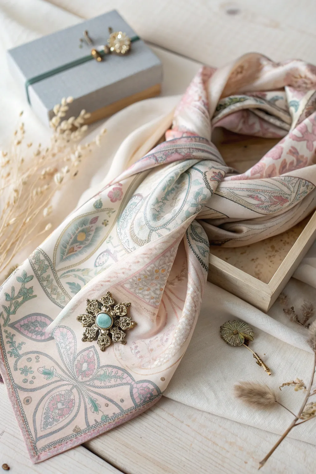 Wrap your gifts with stories – vintage scarves and brooches add timeless charm.