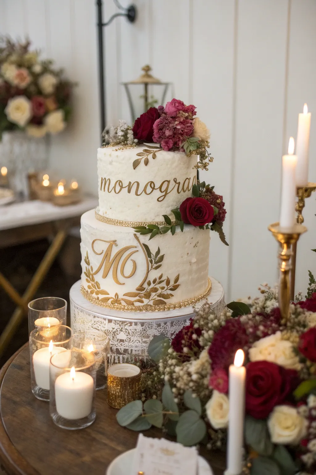 A monogram cake with gold lettering for a sophisticated, personalized touch.