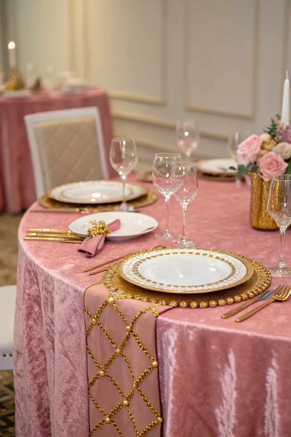 A pink velvet tablecloth adds texture and warmth.