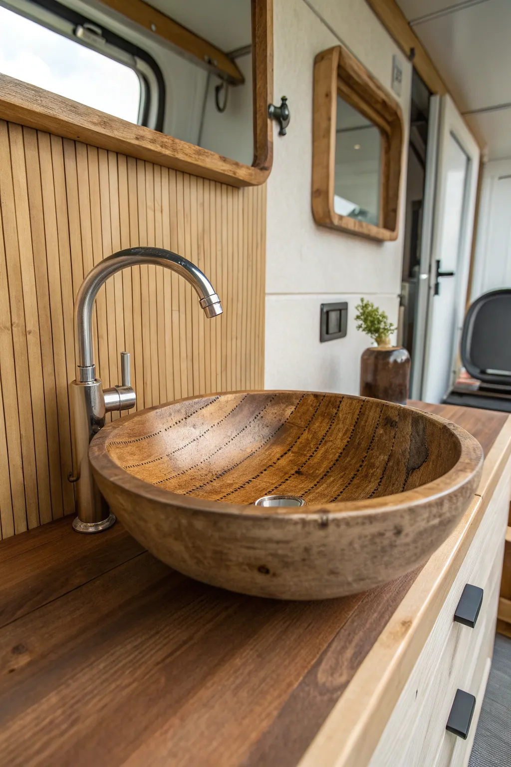 Elevate your tiny space with sustainable style: a handcrafted wooden washbasin that blends rustic charm with modern elegance.