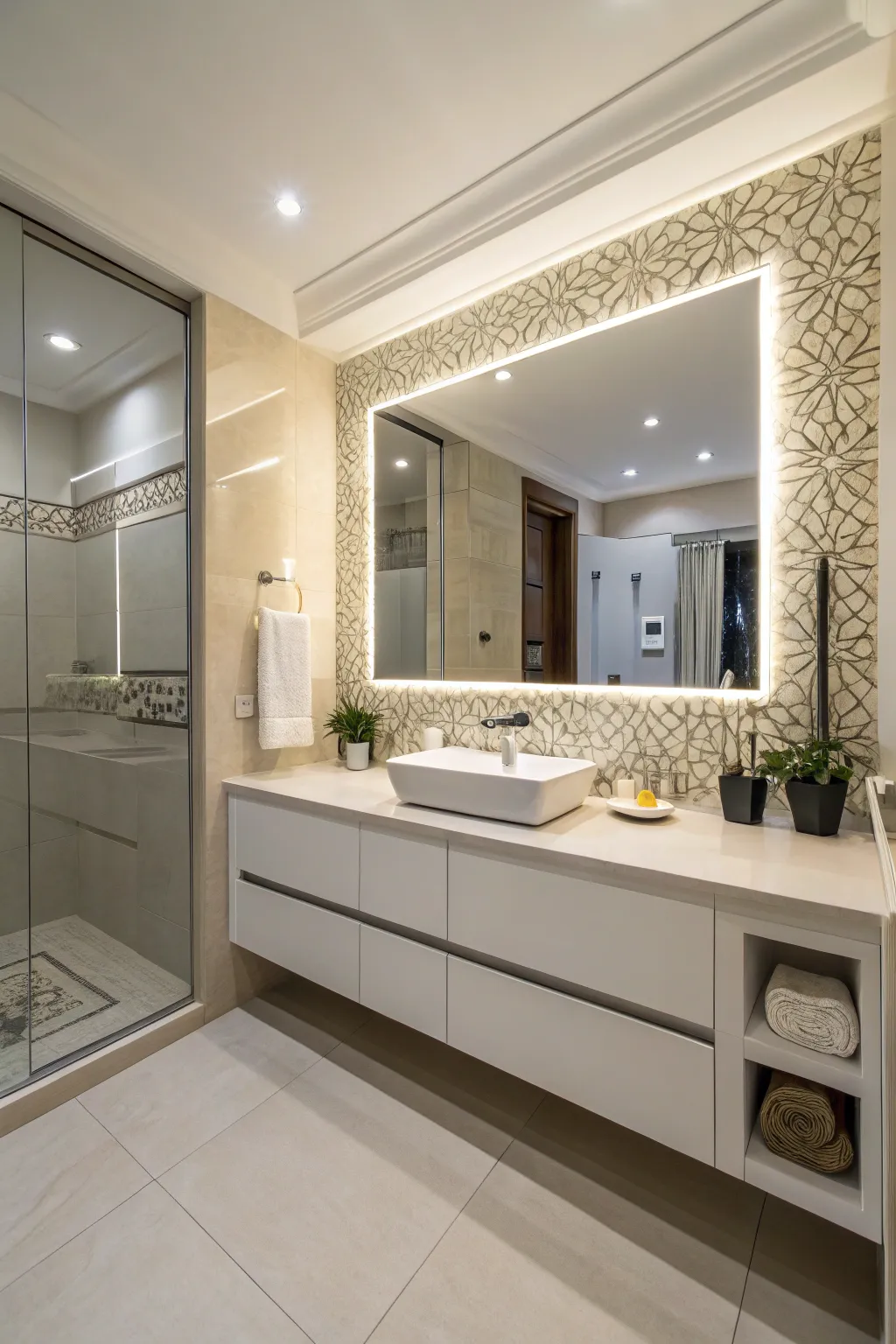 Achieve a modern look with floating vanities.