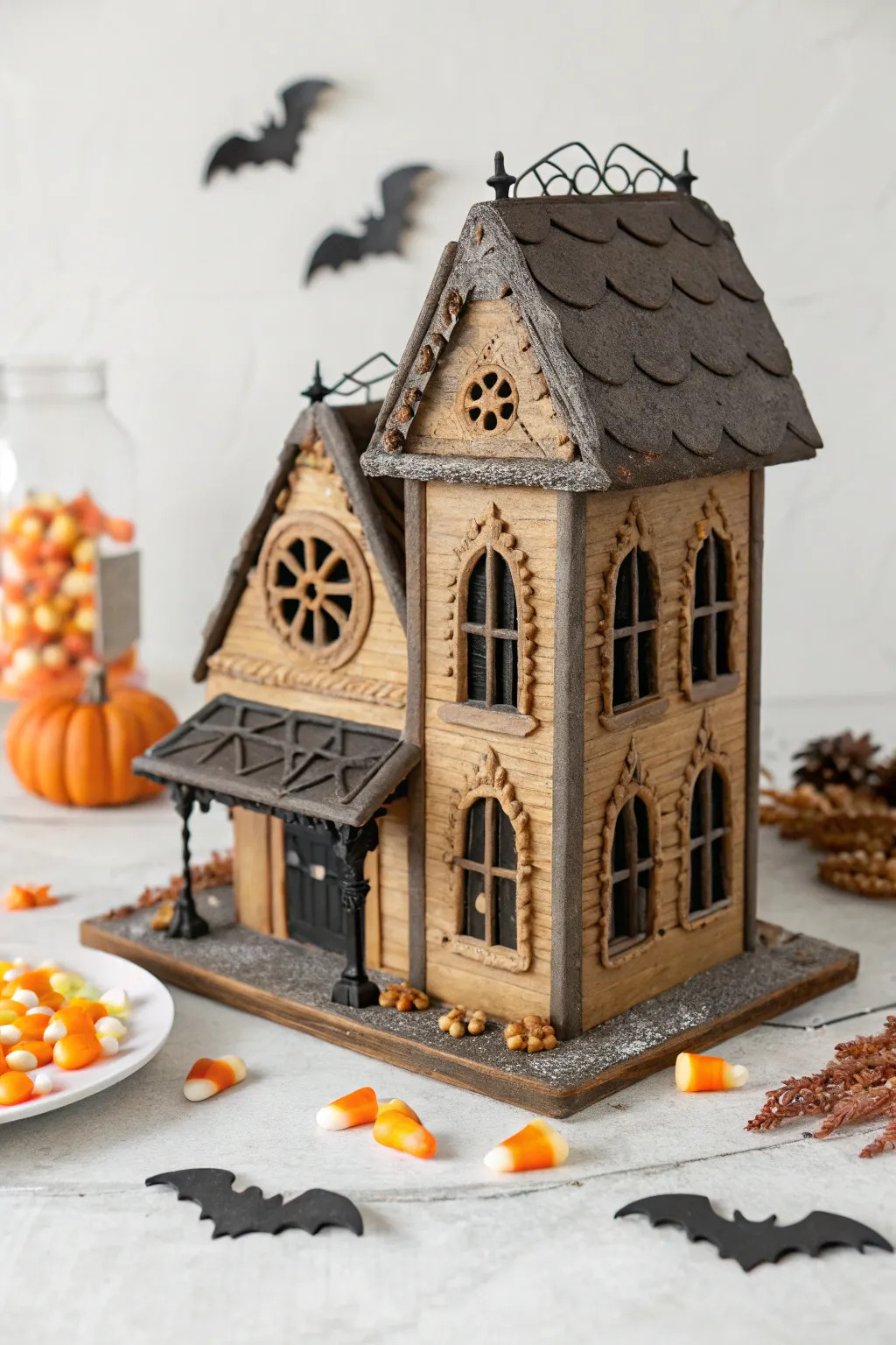A spooky twist on a classic – this haunted gingerbread house is perfect for your minimalist Halloween decor.