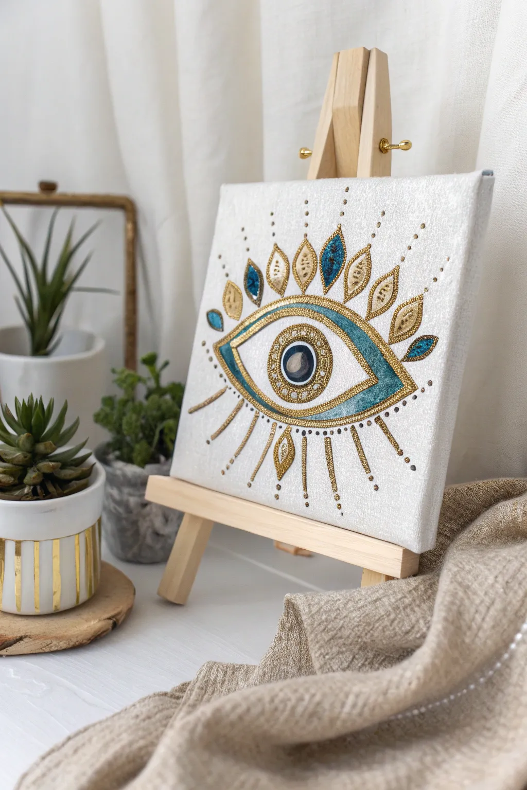 Elevate your space with a sophisticated evil eye in metallic hues – perfect for adding a touch of elegance to your home office.