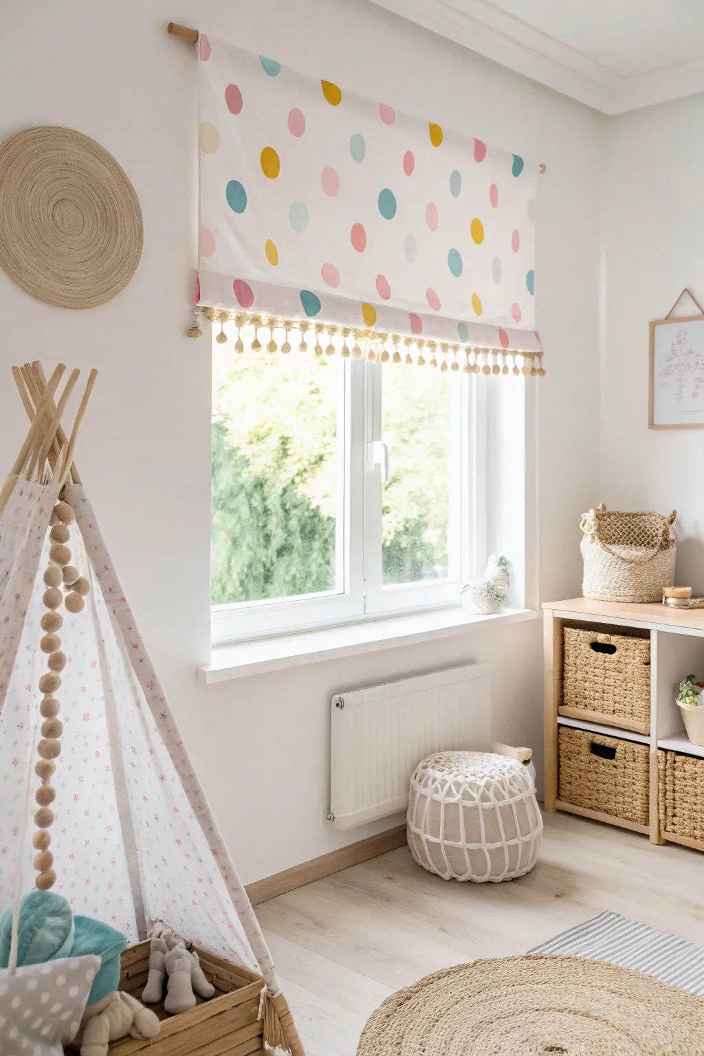 Whimsy and charm meet simplicity in this playful polka dot cornice board, perfect for a child's cheerful retreat.