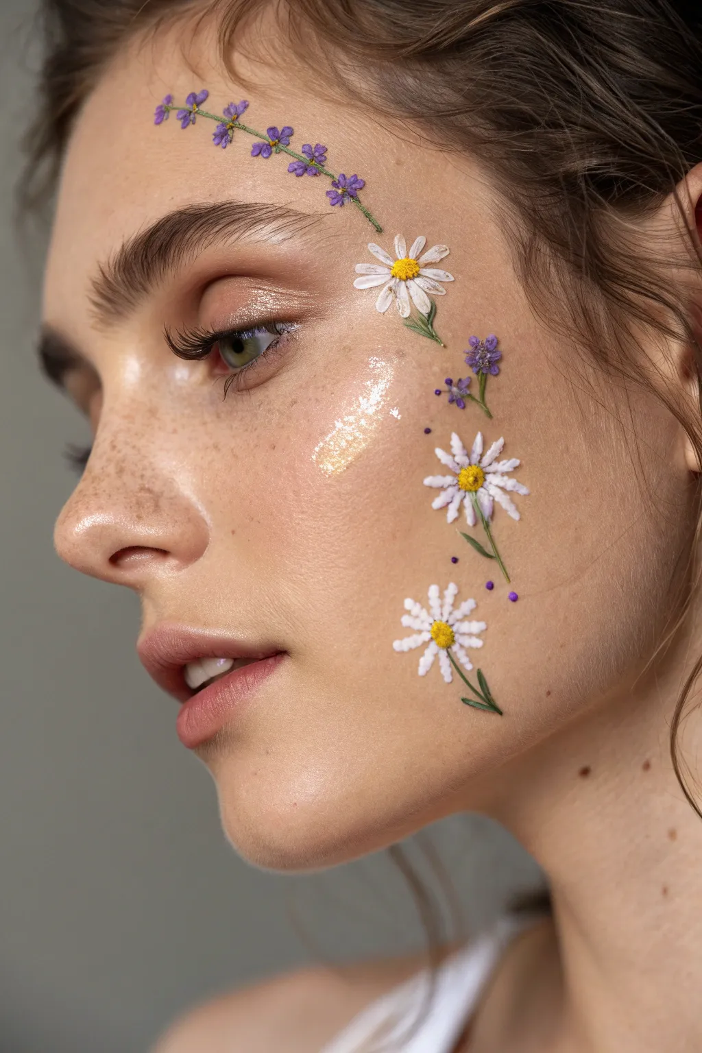 Embrace the whimsy of wildflowers with this enchanting face paint design.