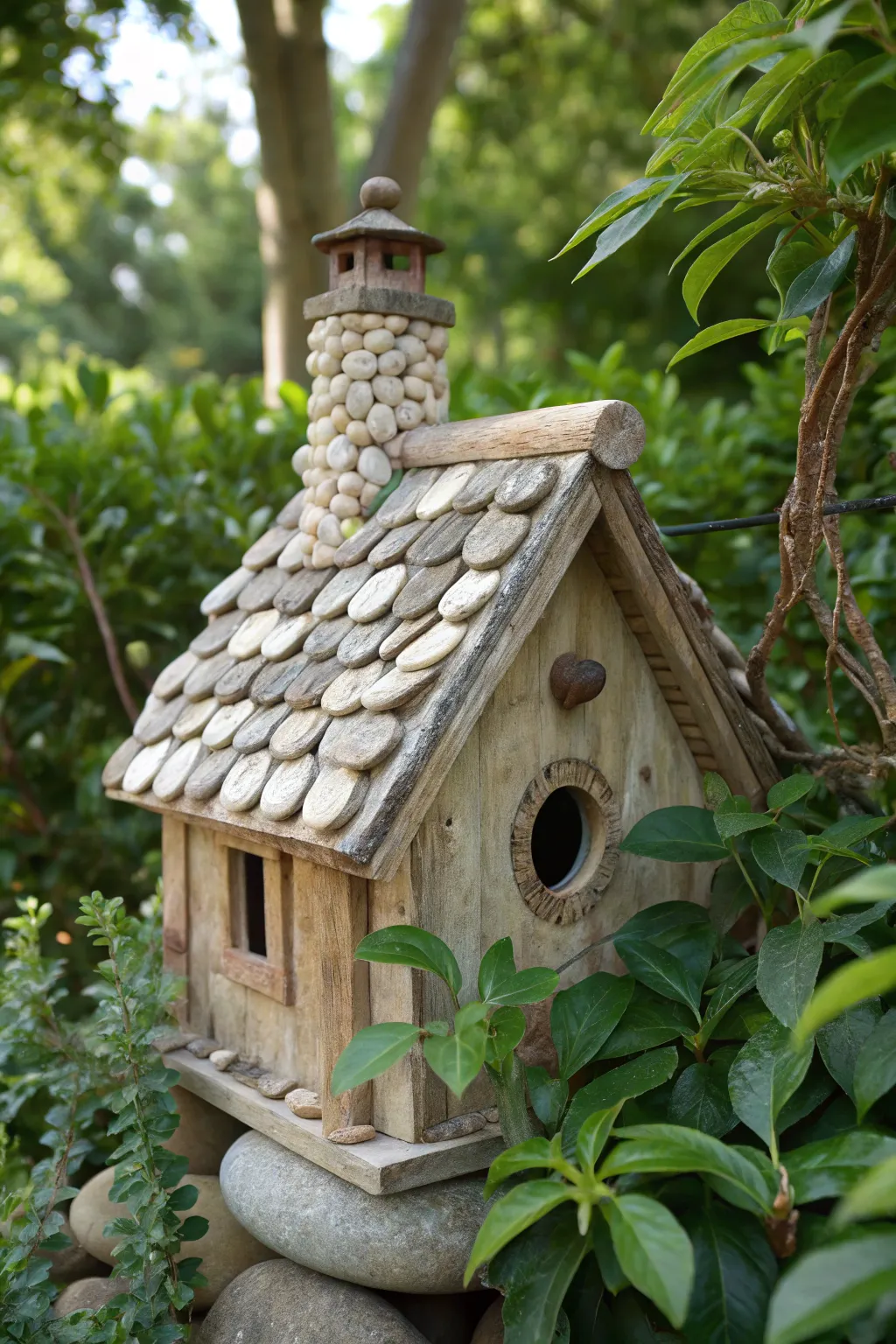Enchant your garden with a fairy birdhouse featuring a charming stone chimney. #ScandiBoho #FairyGarden