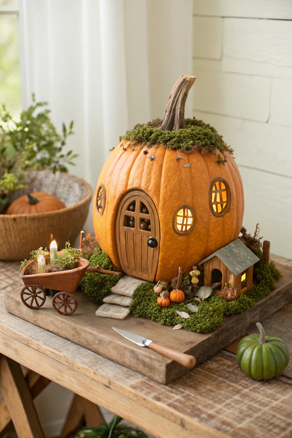 Create a magical fairy garden with this charming pumpkin house, perfectly complemented by tiny handcrafted accessories. 🍂✨