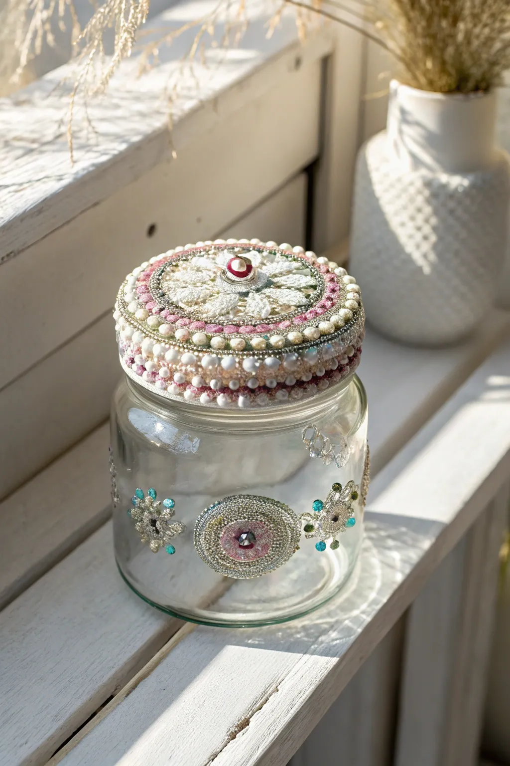 Add a sprinkle of elegance to your space with a beaded fairy jar lid that sparkles with charm.