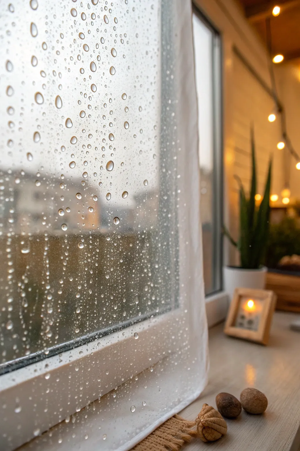 Cozy up to the charm of simulated rainy windows with this minimalist masterpiece.