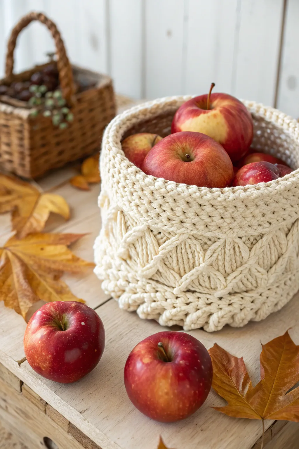 Embrace autumn's charm with a handcrafted crochet basket cozy, perfect for your apple stash!