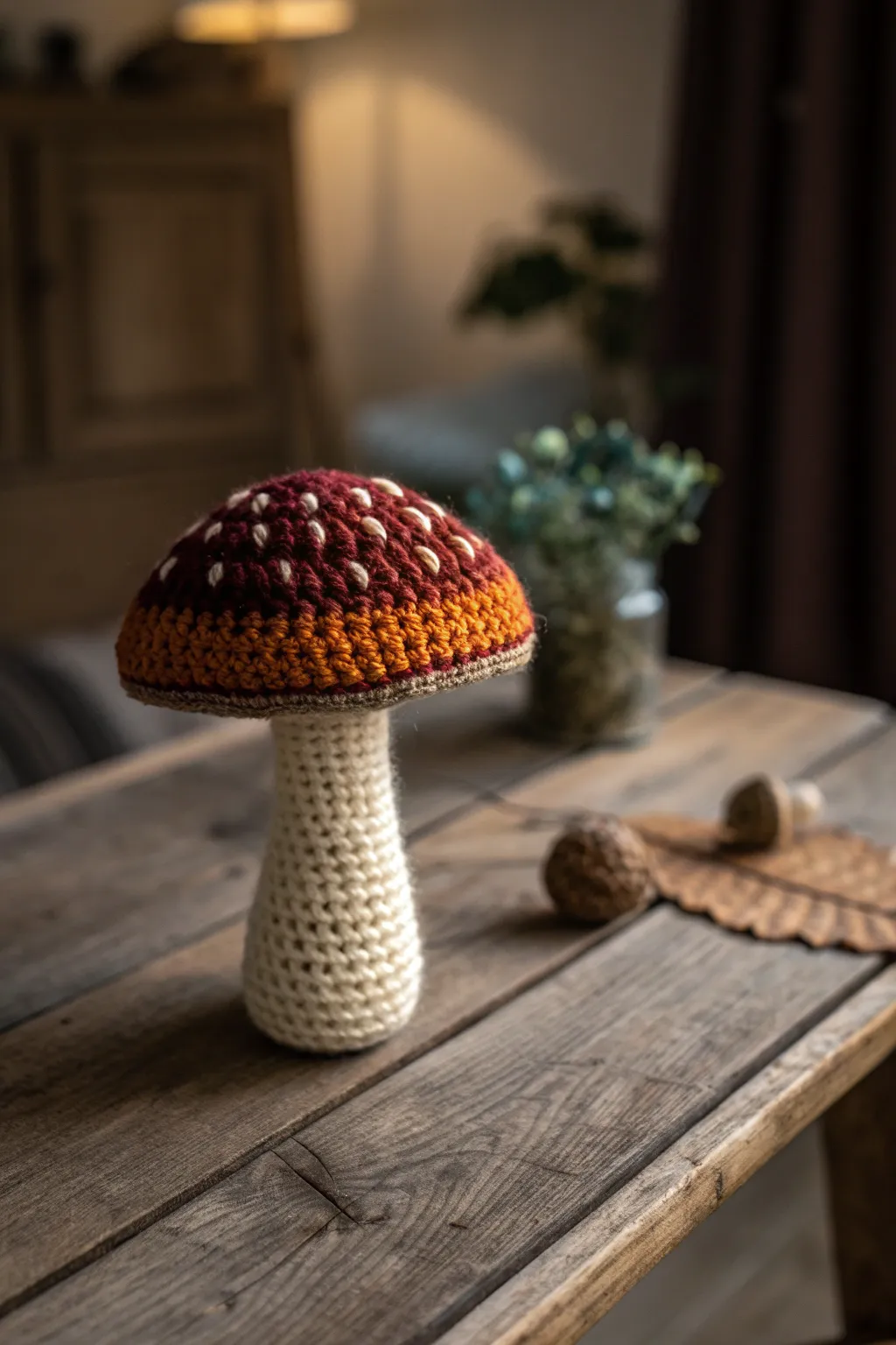 Enchant your space with the whimsical charm of a crocheted mushroom, a delightful touch of fall magic.