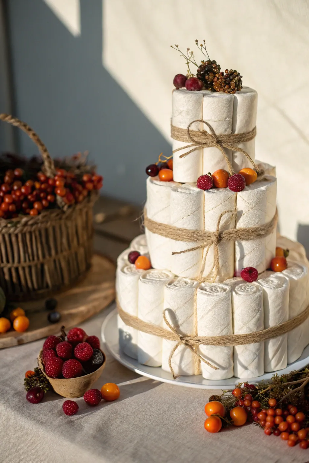 Embrace the essence of fall with a 'Berry Beautiful' touch for your diaper cake!