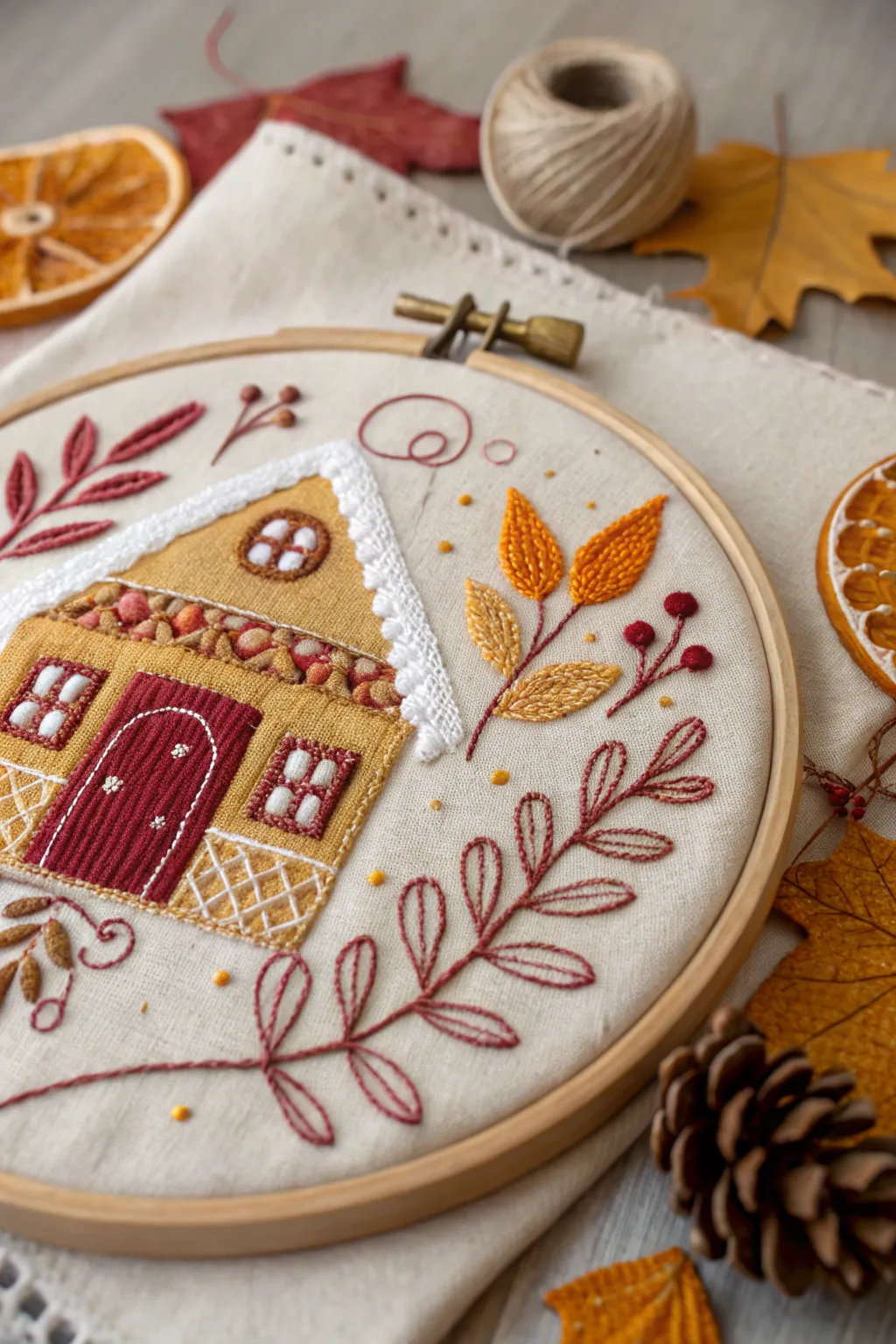 Embrace the cozy charm of fall with this beautifully embroidered gingerbread house.