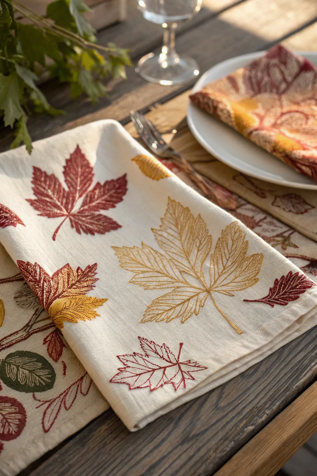 Add a touch of autumn elegance to your table with these handcrafted leaf-stamped napkins. 🍂✨