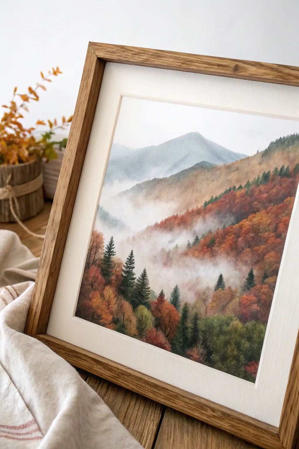 Embrace the serene mystery of autumn with a minimalist misty mountain watercolor.