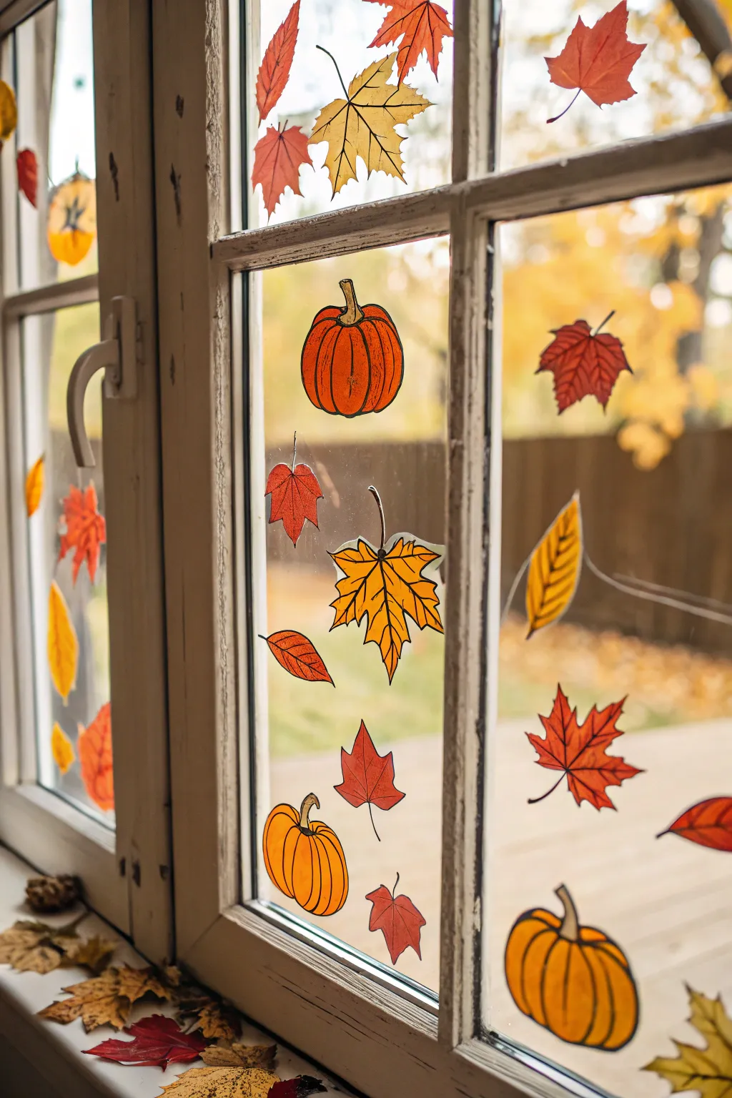 Autumn-themed window stickers for easy seasonal decor.