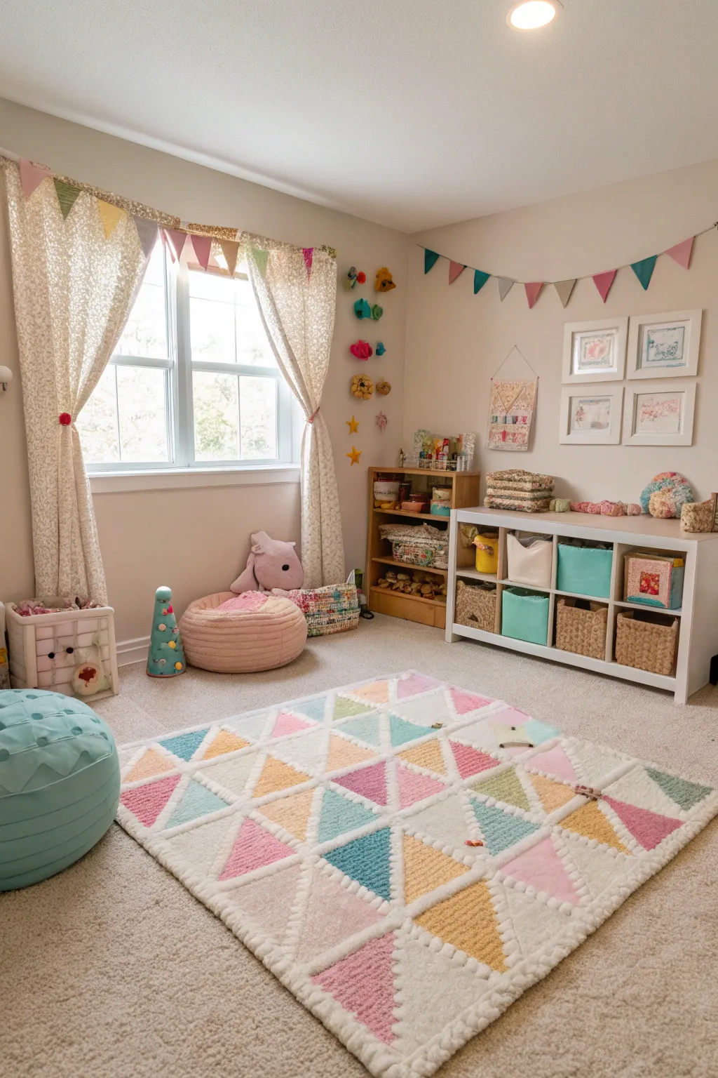 Soft rugs and carpeted areas make the playroom safe and comfortable.