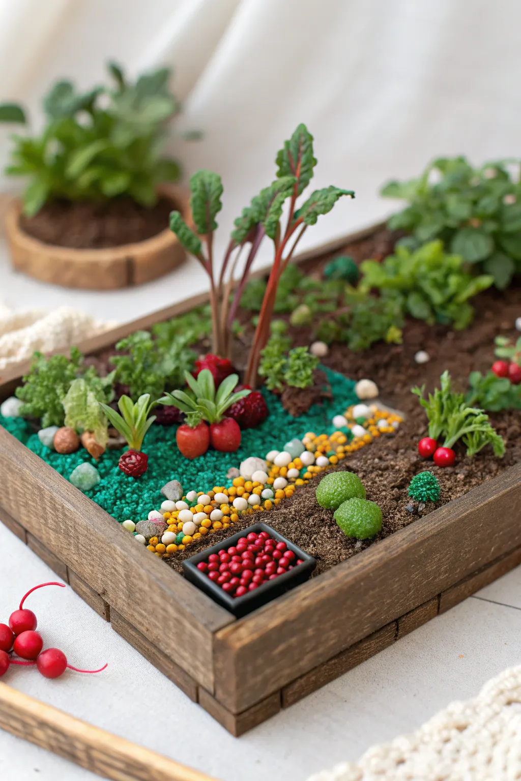 Delicate details in a miniature vegetable garden, where simplicity meets nature's charm.