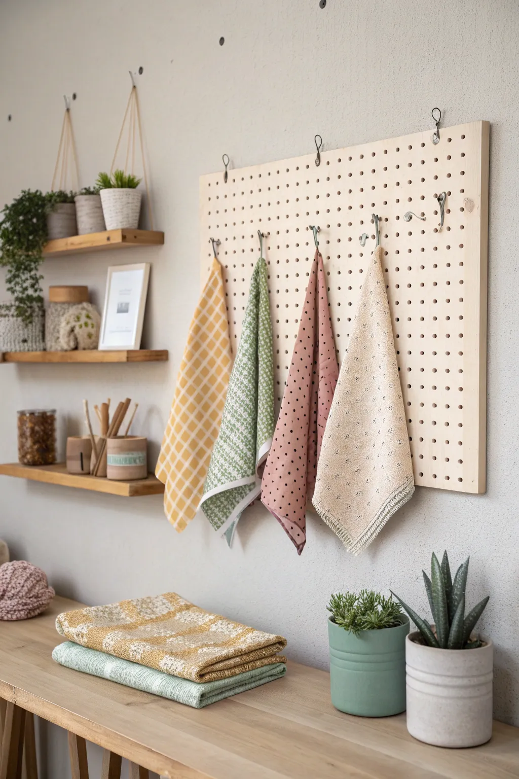 Transform your wall into a vibrant textile art gallery with a chic pegboard display for your fabric treasures.