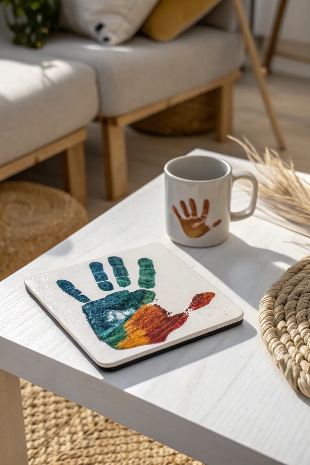 Add a splash of color to Dad's table with these charming handprint coasters!