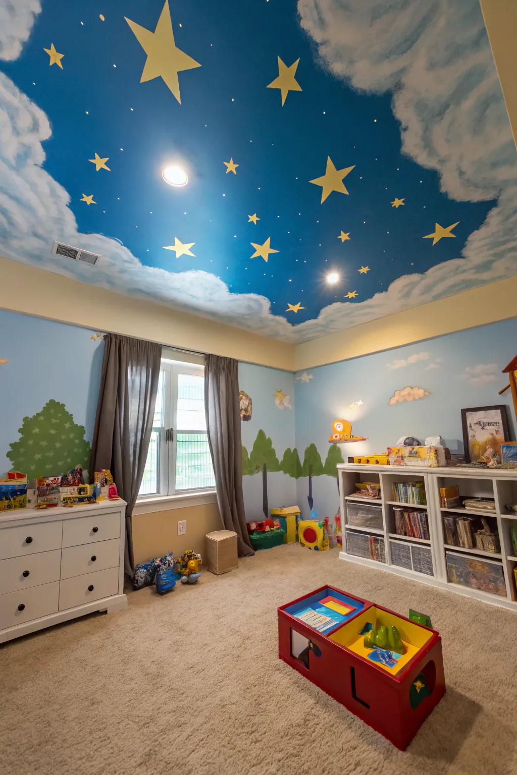 Sky murals bring whimsy and charm to your faux tray ceiling.