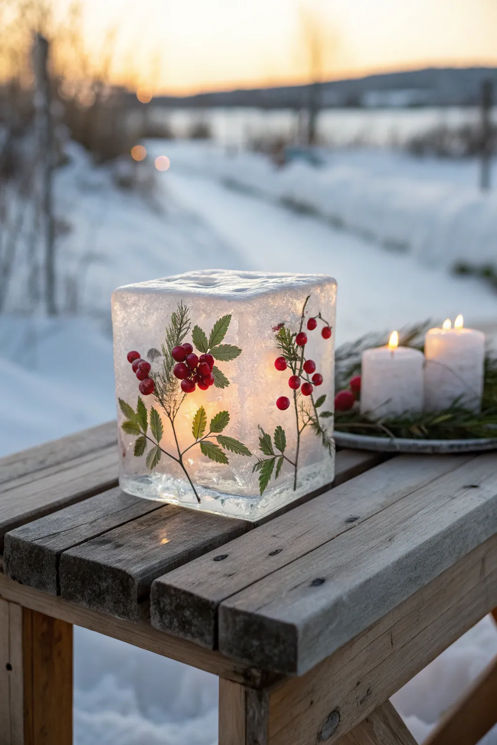 Embrace winter's artistry with this enchanting ice lantern, a perfect blend of nature and elegance.