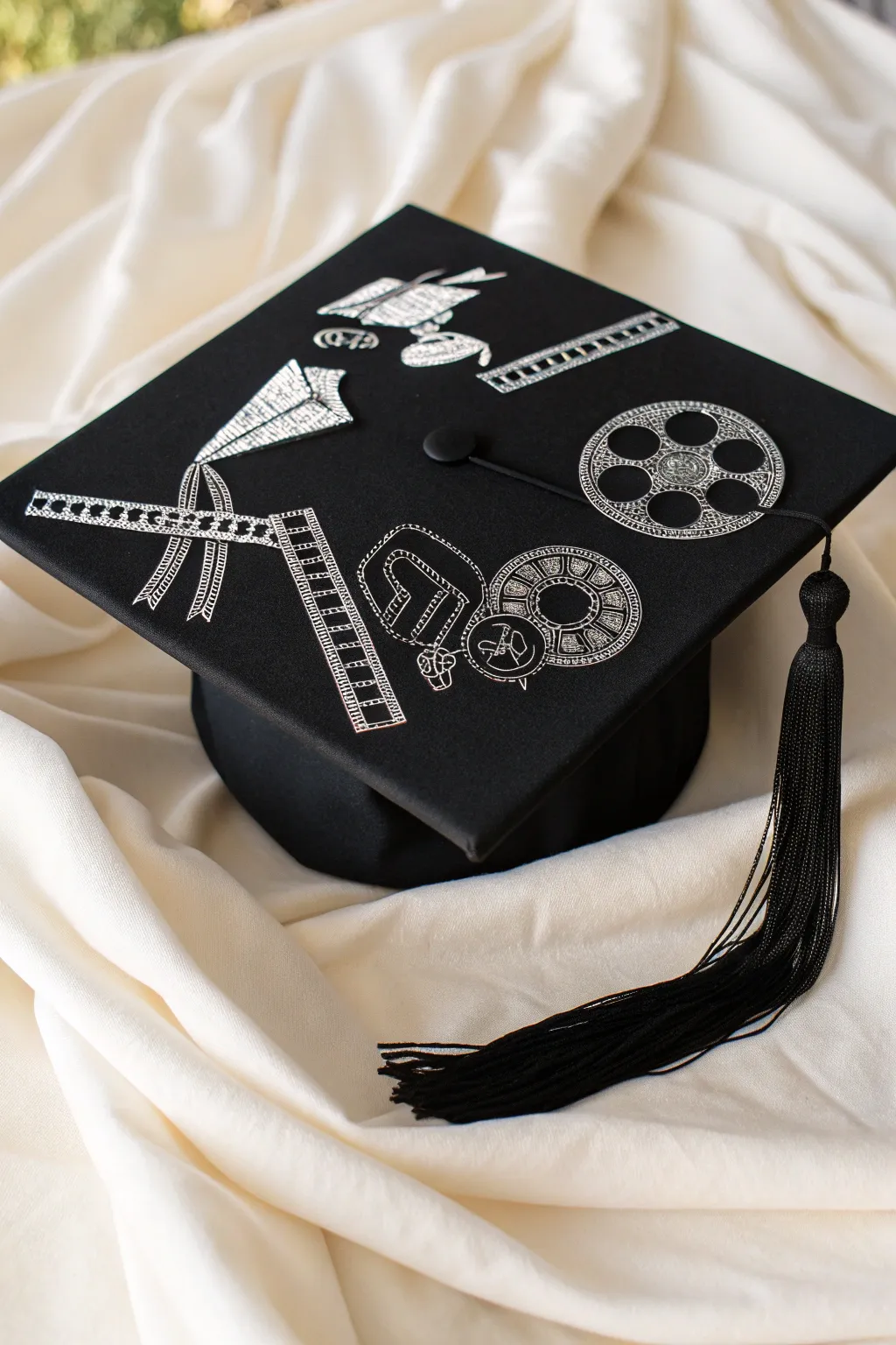 Step back in time with a graduation cap that whispers the elegance of the silent film era.