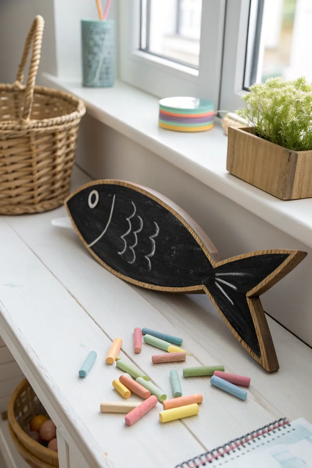 Unleash your creativity on this chalkboard fish canvas—where simplicity meets endless artistic possibilities.