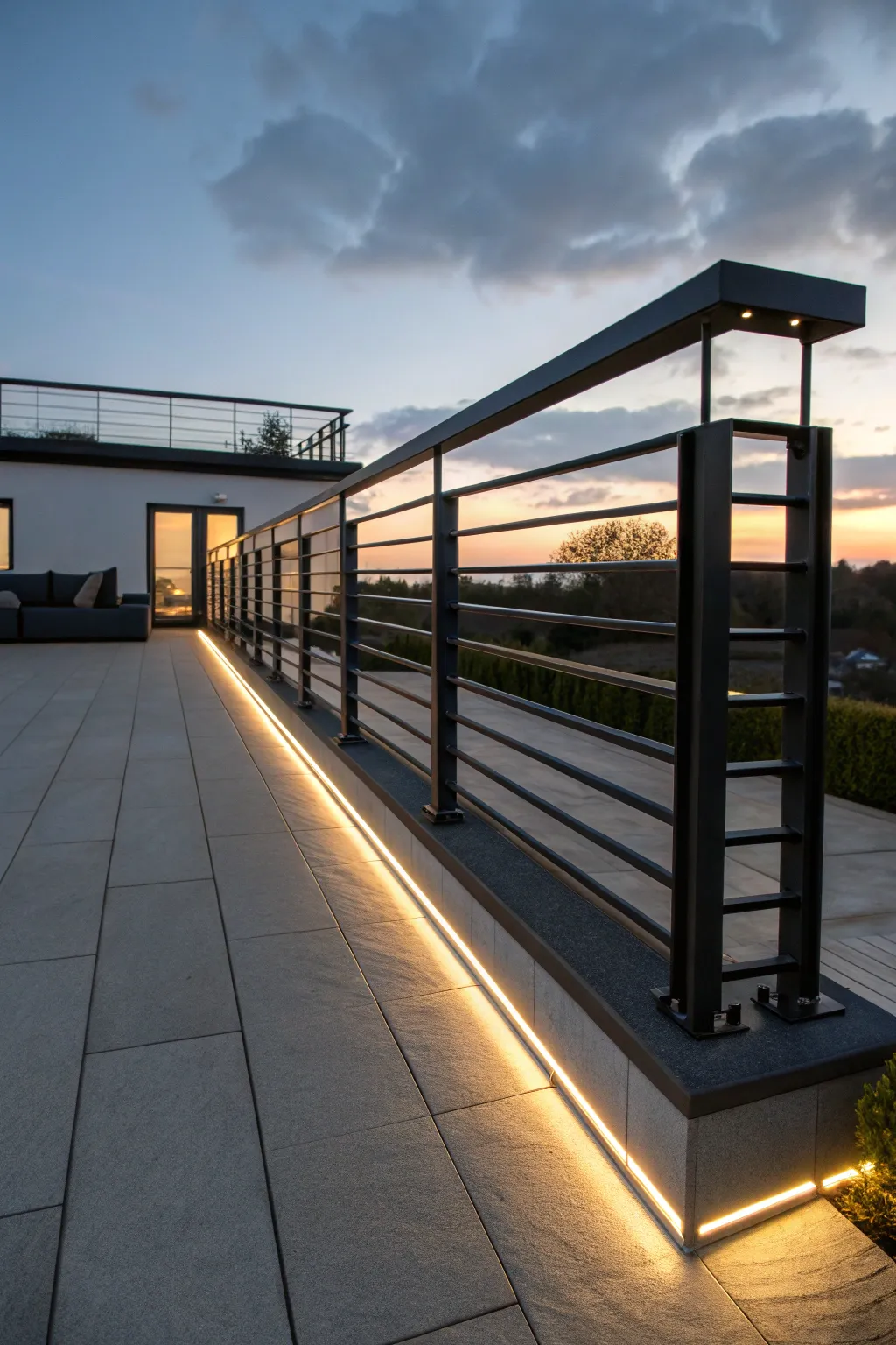 Illuminate your evenings with integrated lighting for a stylish and safe flat roof railing.