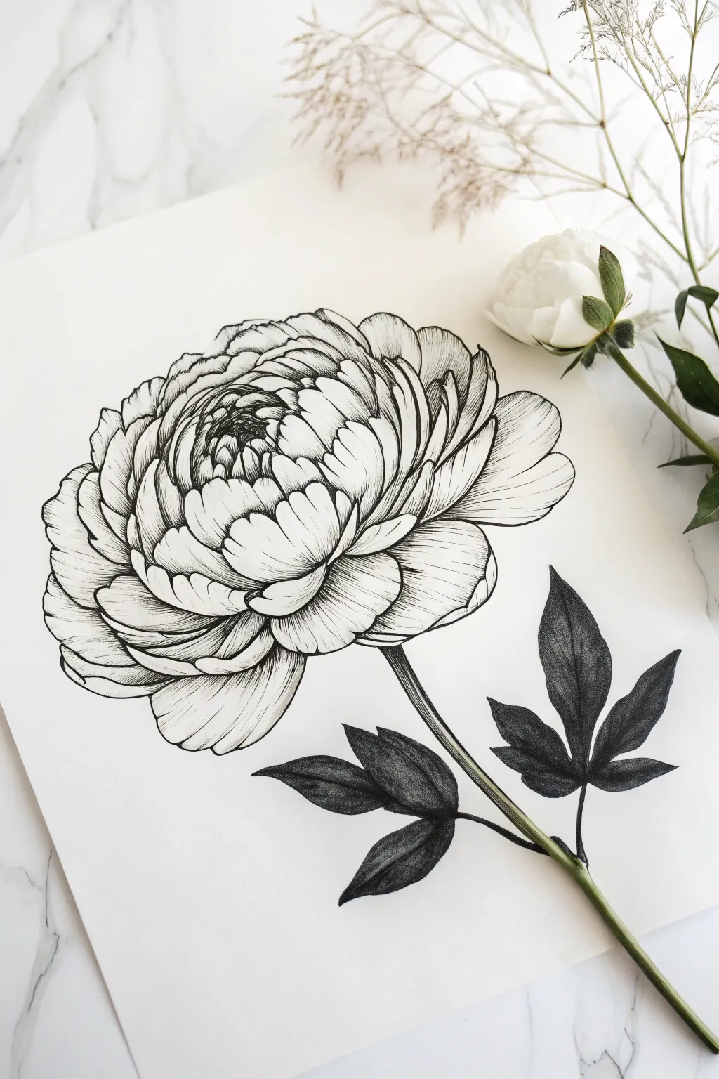 Embrace the beauty of simplicity with this timeless peony sketch.