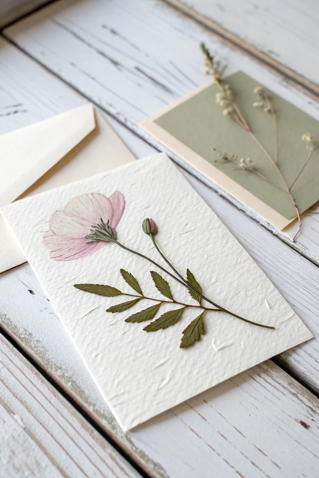 Embrace simplicity and nature with pressed leaf accents for a truly unique flower card design.