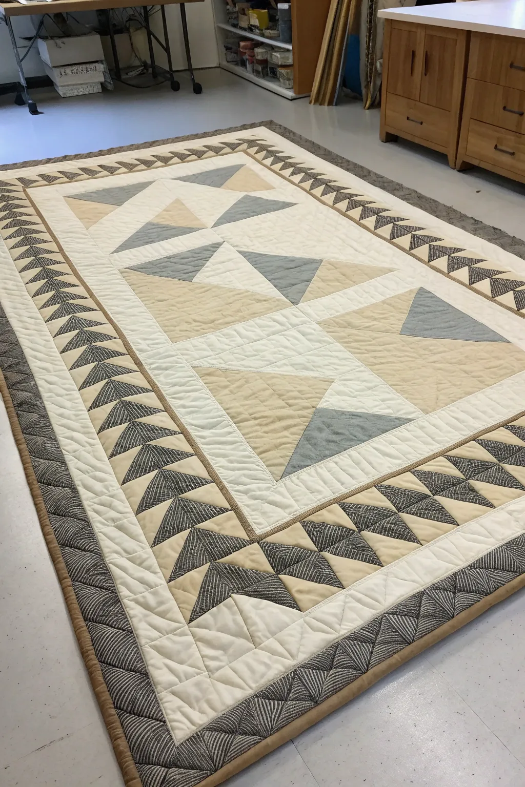 Modern neutral flying geese borders for a sophisticated look.