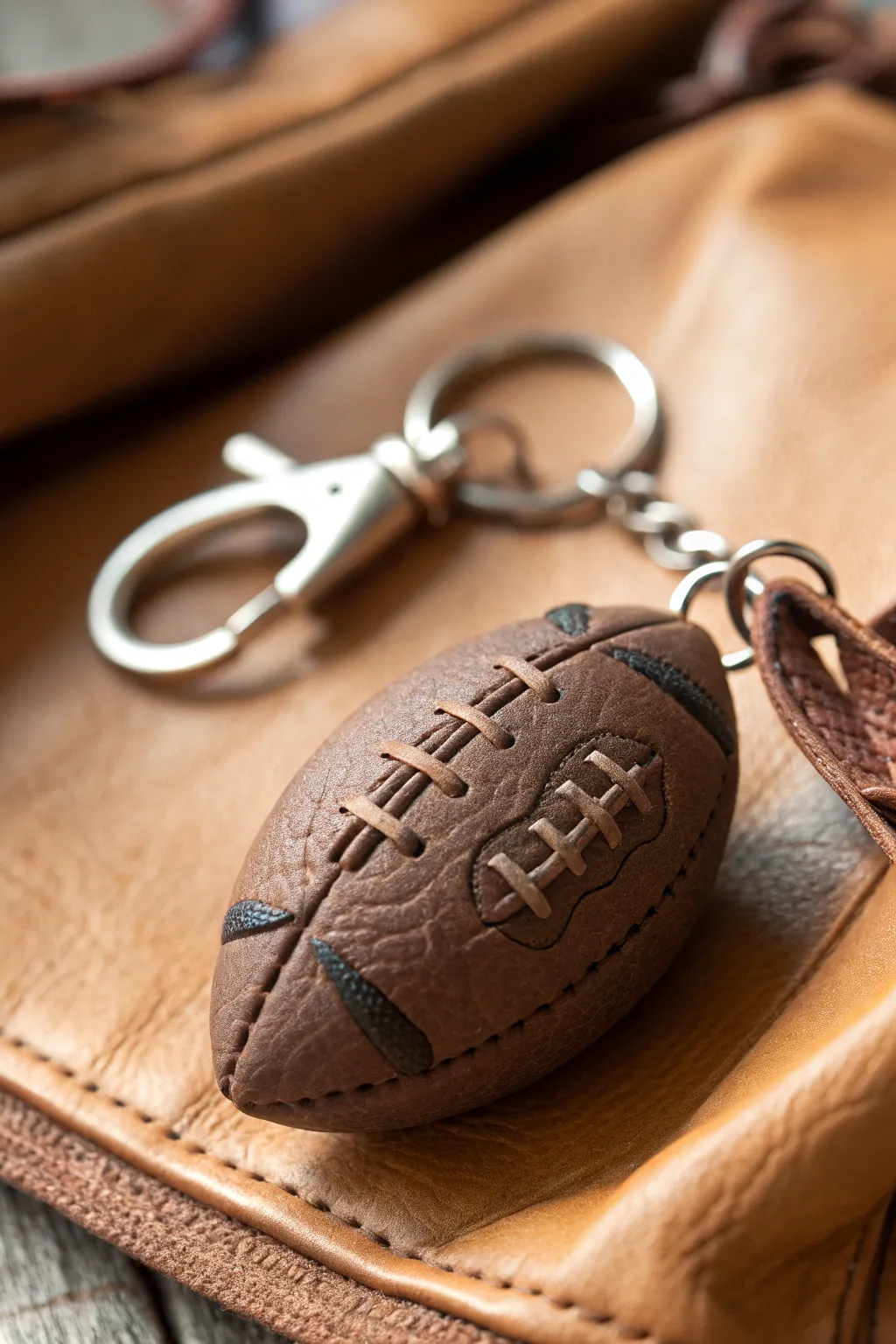 Elevate your style with this handcrafted football keychain, a testament to fine craftsmanship and a perfect gift for football enthusiasts.