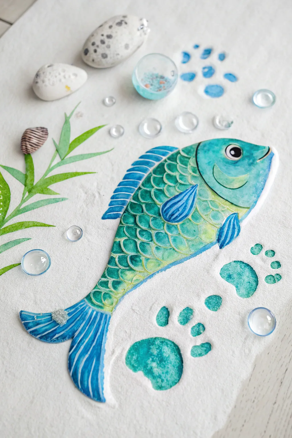 Dive into creativity with this charming footprint fish—where simplicity meets playful elegance.