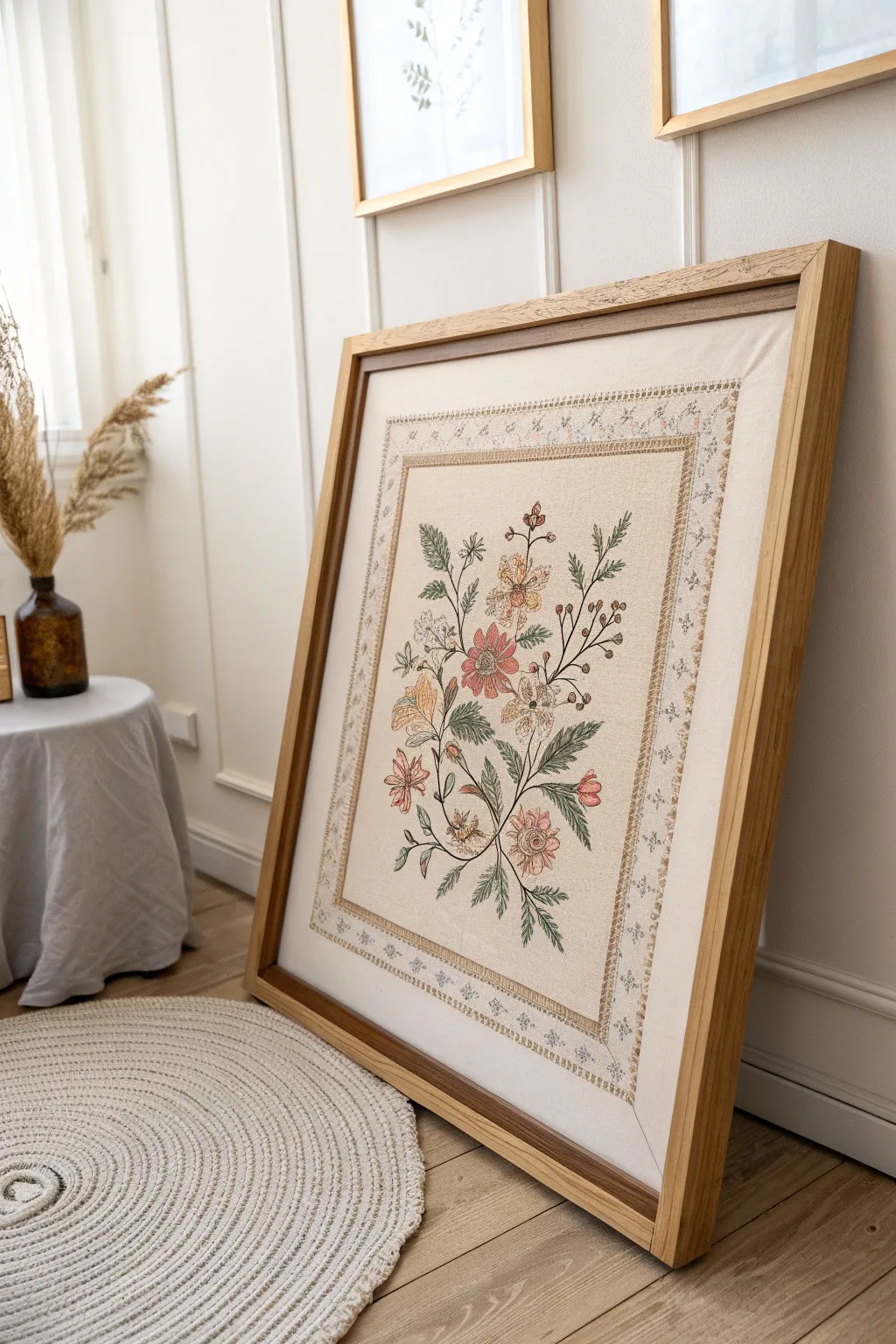 Embrace simplicity with negative space framing, letting your needlepoint art truly shine.
