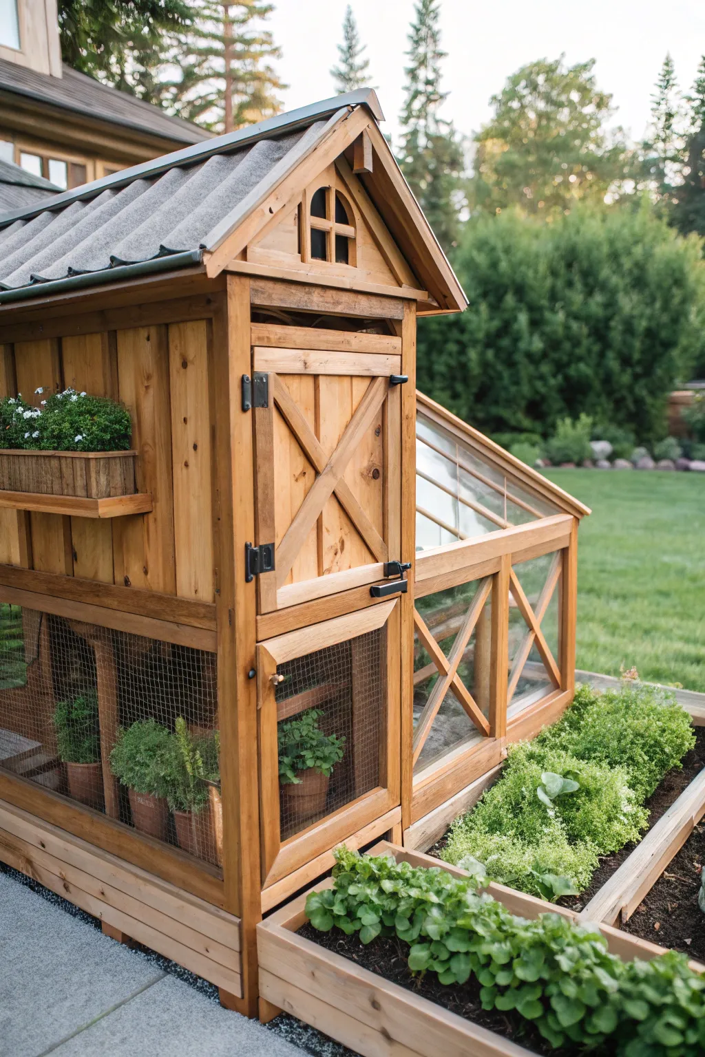Discover the art of versatility with this stunning convertible coop and greenhouse—where craftsmanship meets functionality.