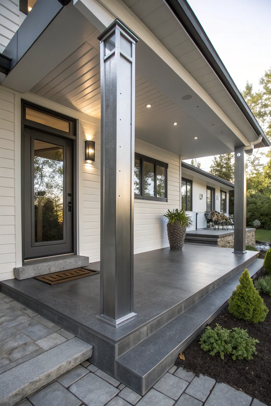 Elevate your porch with the sleek allure of minimalist steel beams for a modern touch.