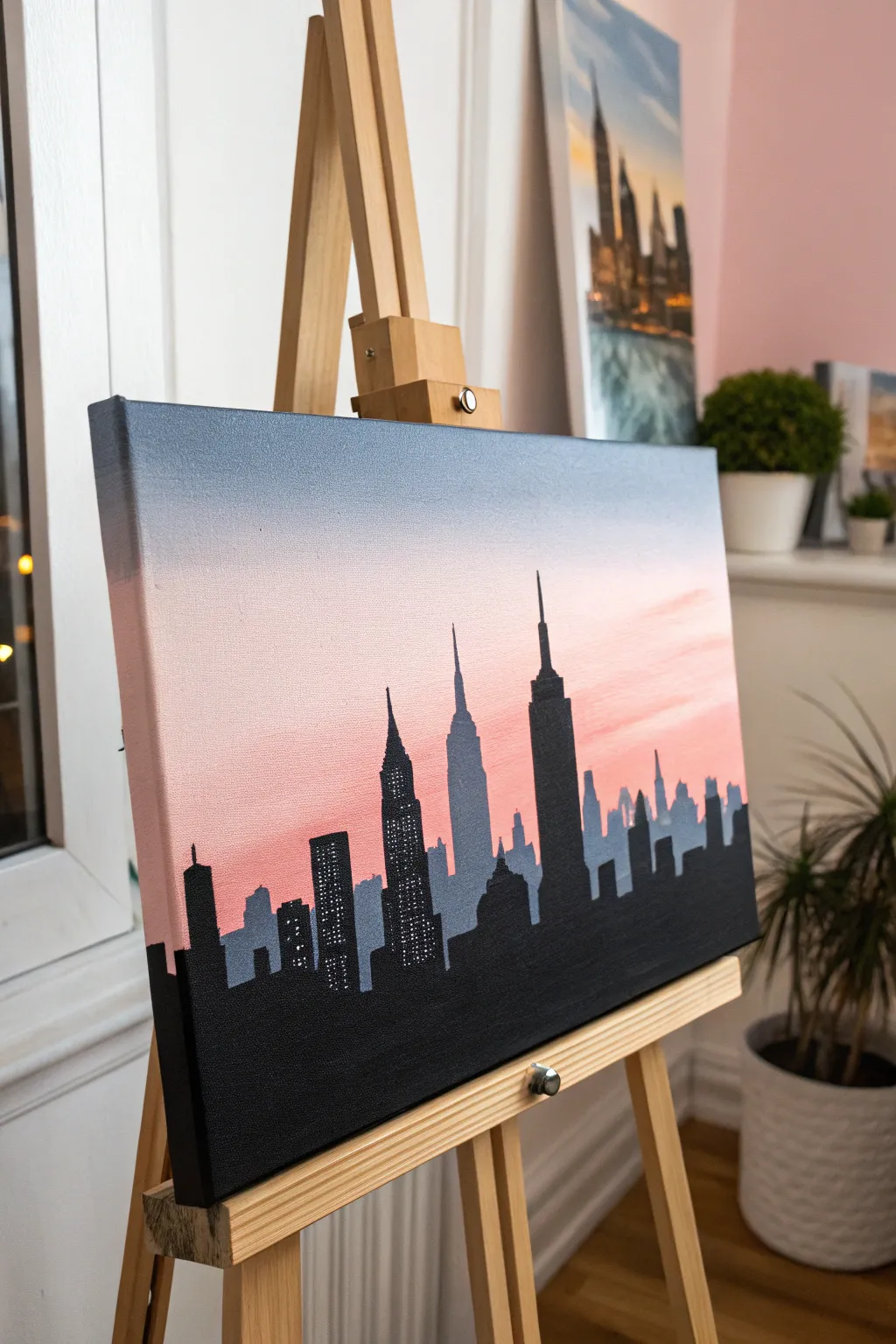 Dream your way through city skylines with this minimalist painting idea. Perfect for reminiscing past journeys or planning new adventures!