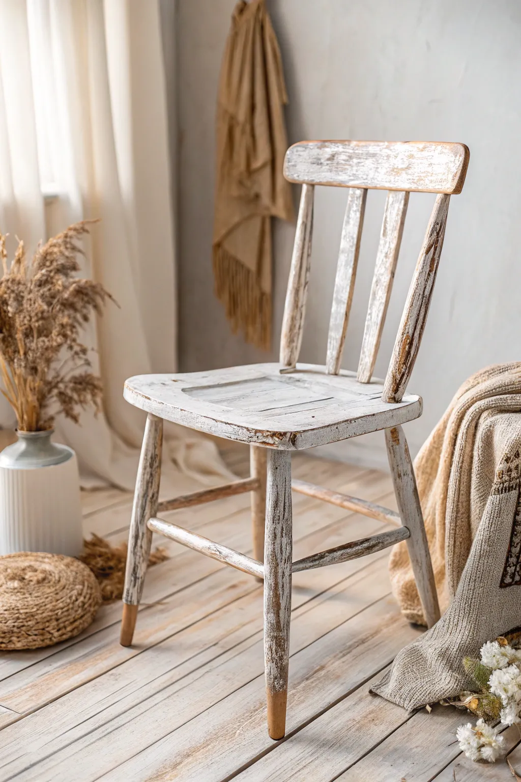 Embrace the charm of a farmhouse vibe with this beautifully distressed chair, where simplicity meets elegance.
