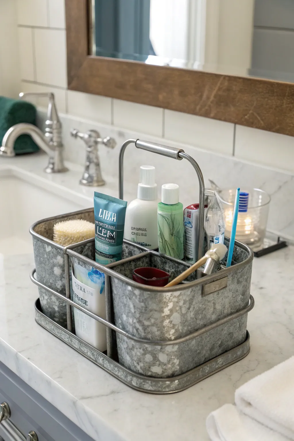 Organize your bathroom in style with galvanized caddies.