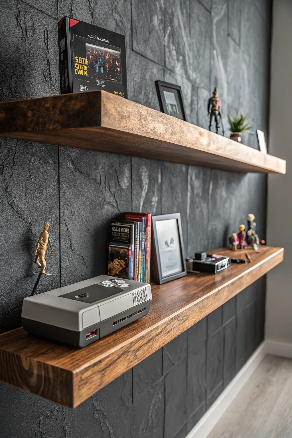 Elevate your gaming room with elegant floating shelves—where modern style meets craftsmanship.