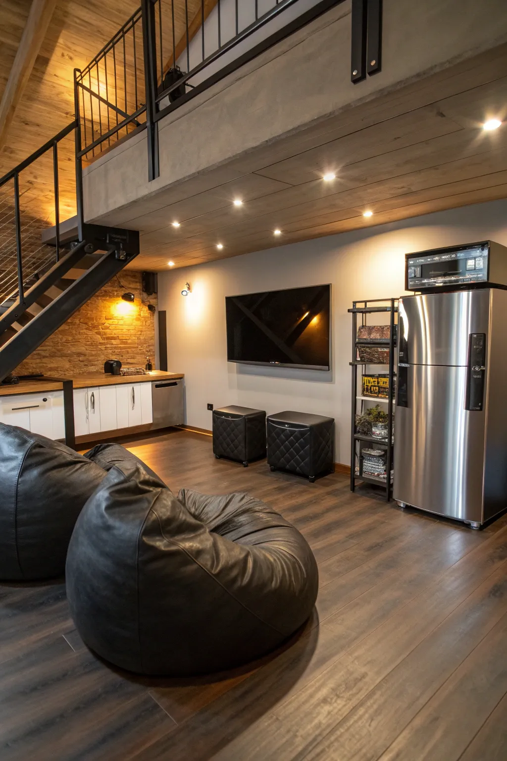 Elevate your garage mezzanine with a sleek entertainment zone perfect for unwinding with friends.