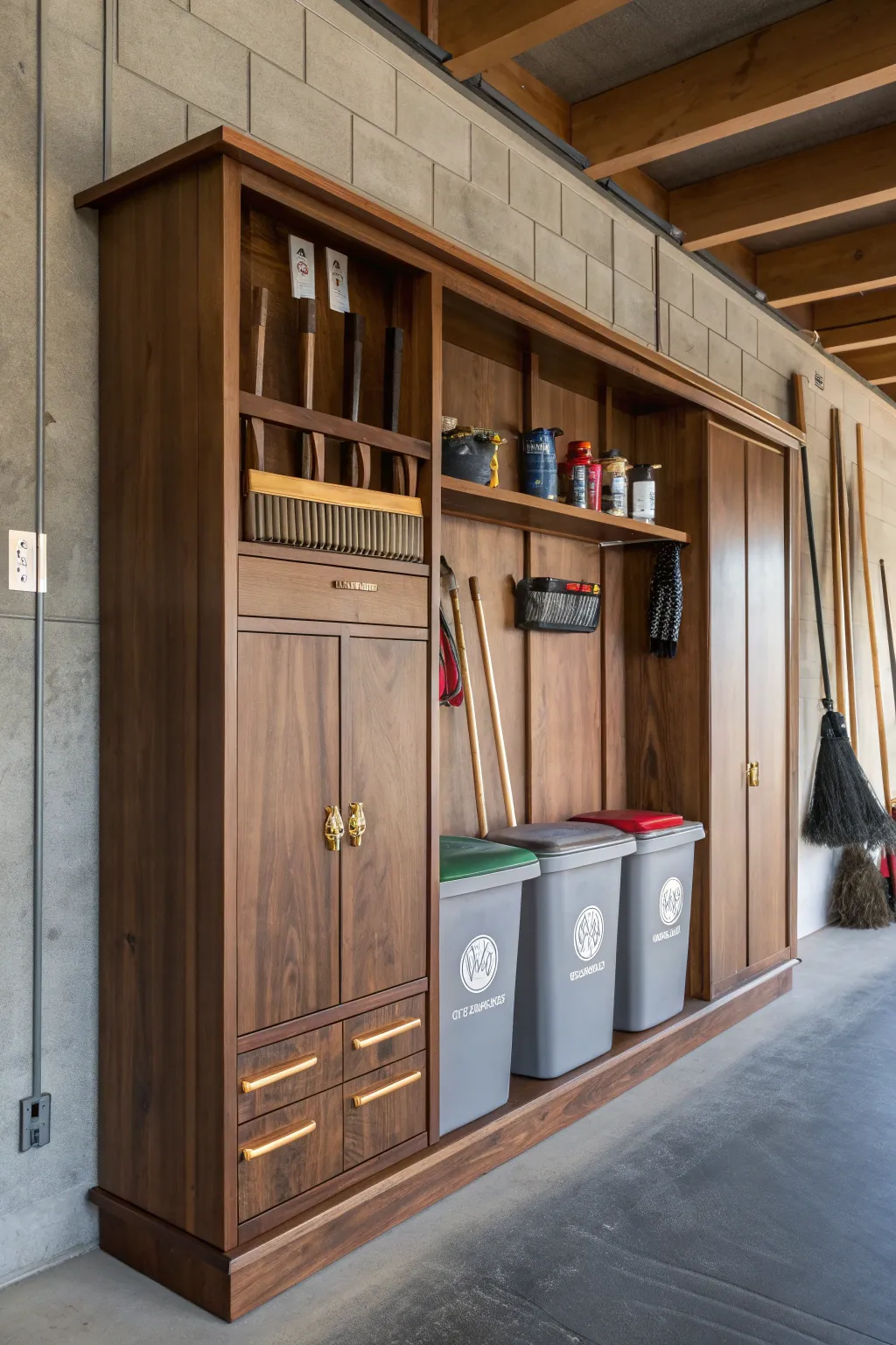 Master the art of organization with this bespoke tool and recycling storage solution. Perfect for the craftsman who values both style and function.